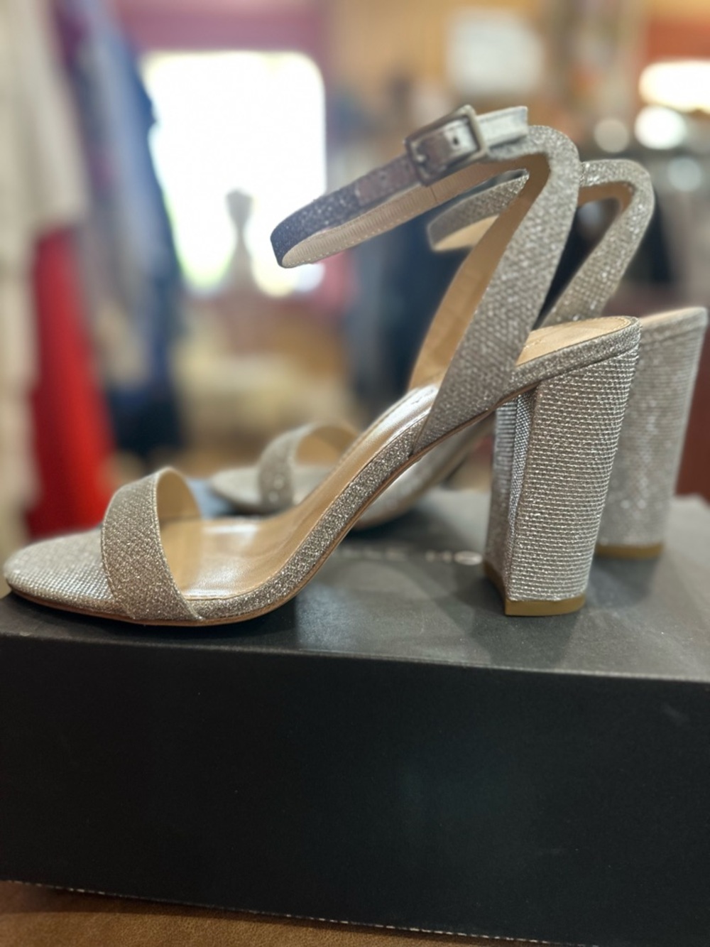 Pelle Moda Silver Glitter Block Heel Sandals with Ankle Strap - Picture 6 of 7